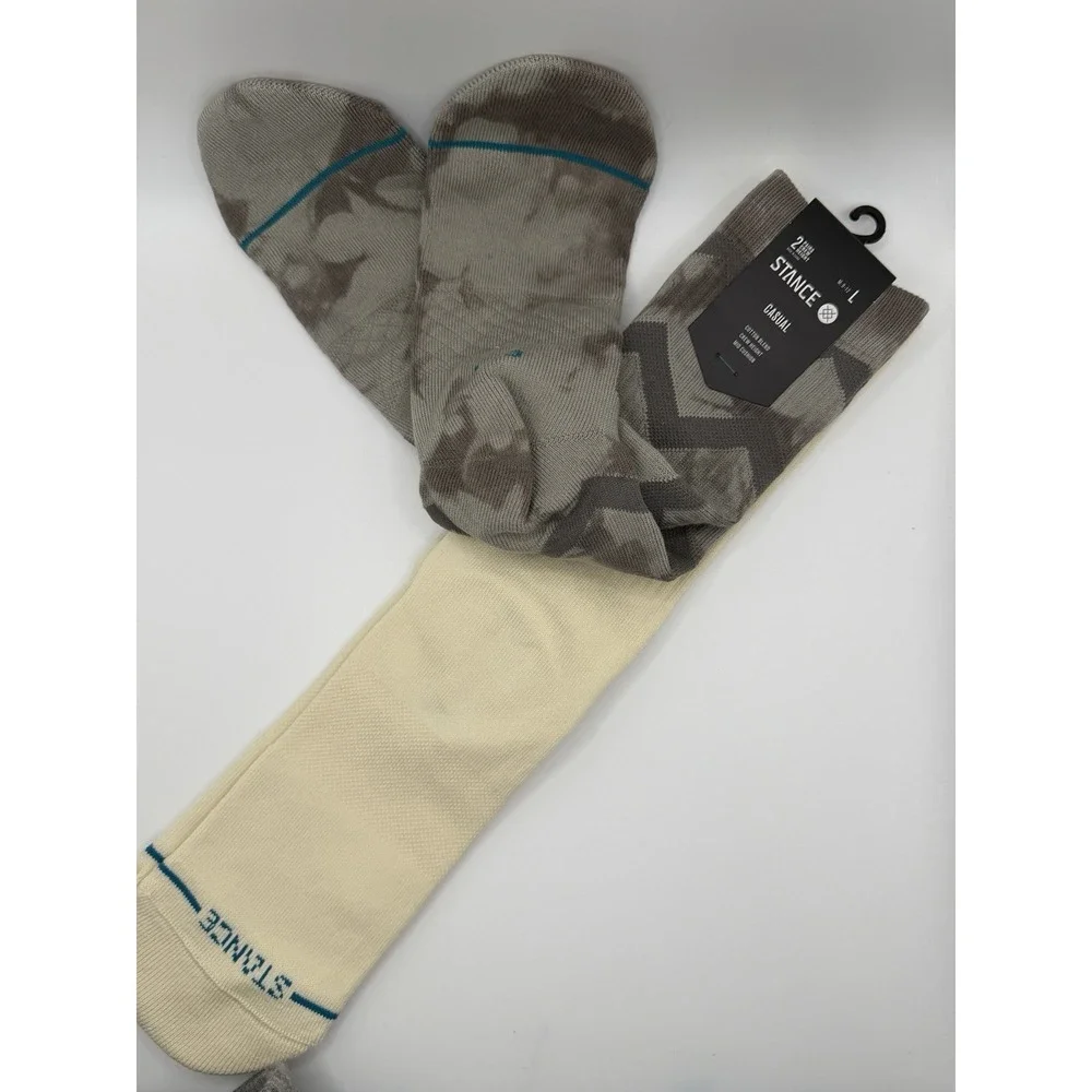 Stance Casual 2 Pack Crew Socks Grey Beige Zig Zag Striped Mens Large NWT